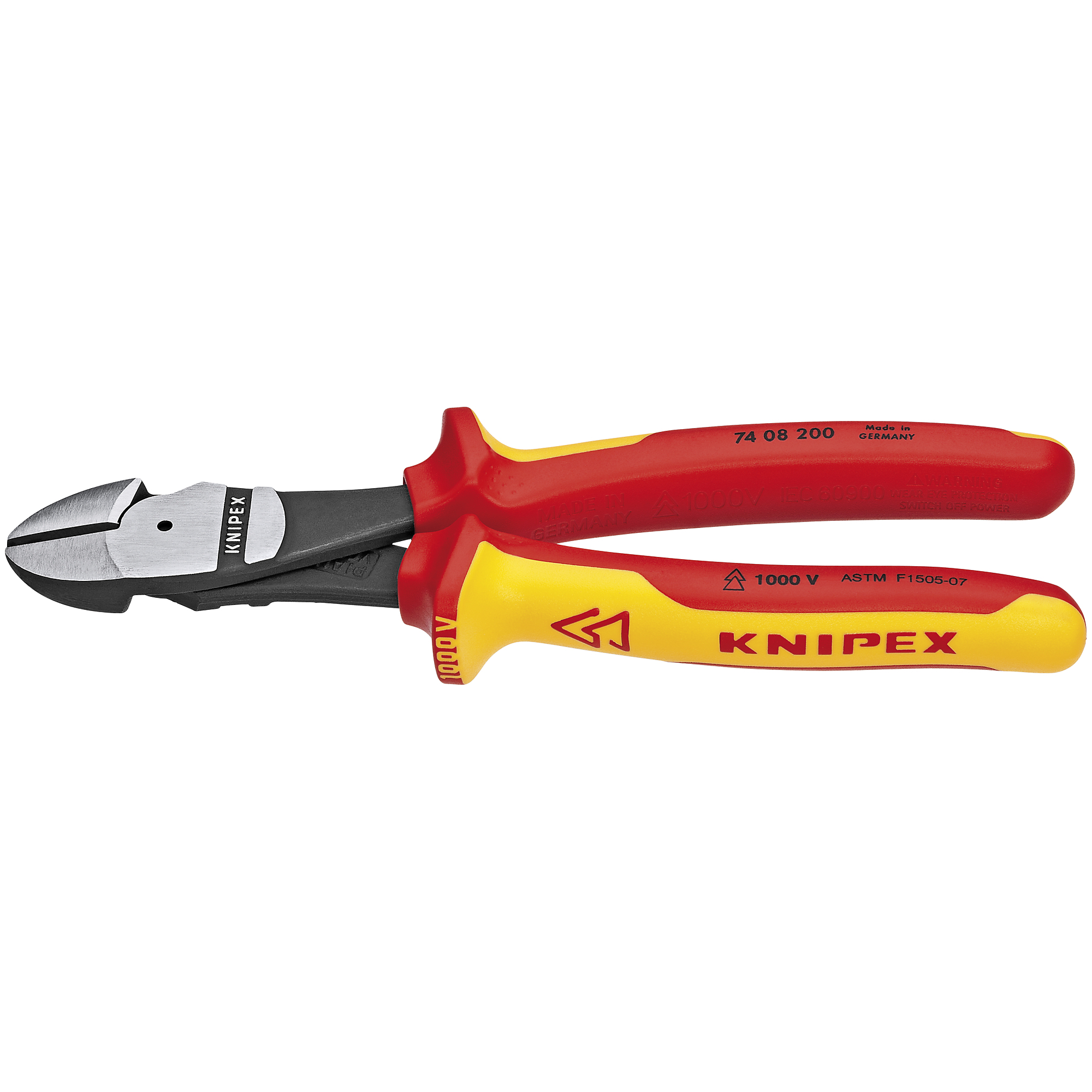 KNIPEX, Hi Lev Diagonal Cutters-1000V, Comfort Grip, 8in., Pieces (qty.) 1 Material Chrome Vanadium, Jaw Capacity 0.172 in, Model# 74 08 200 US